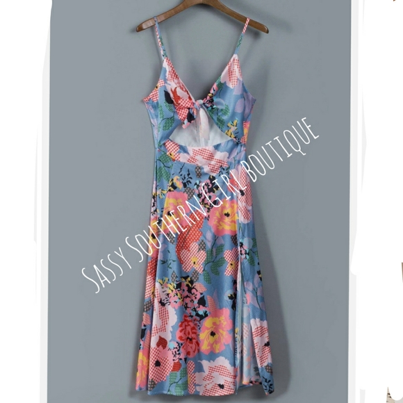 🆕⭐ Boho floral satin honey knot midi dress - Picture 6 of 16